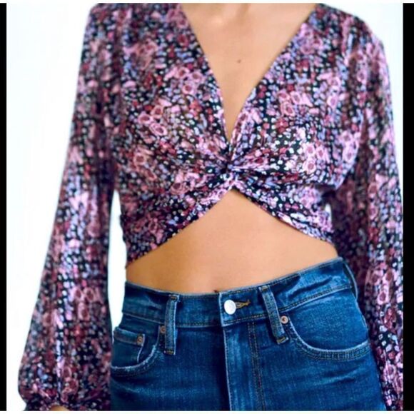 Zara Womans Crop Twist Tie Blouse Small Black & Purple Sheer Boho Balloon Sleeve - Picture 1 of 11